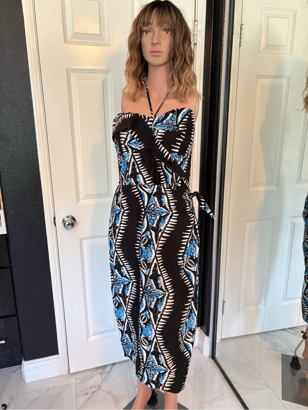 Alfred shaheen Strapless Black and Blue Printed Midi sarong rockabilly dress